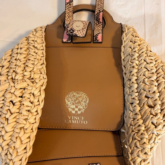 Vince Camuto Lena Straw Tote Bag‎ Faux Snakeskin Duo Handles Boho Chic Beachy - Picture 6 of 12